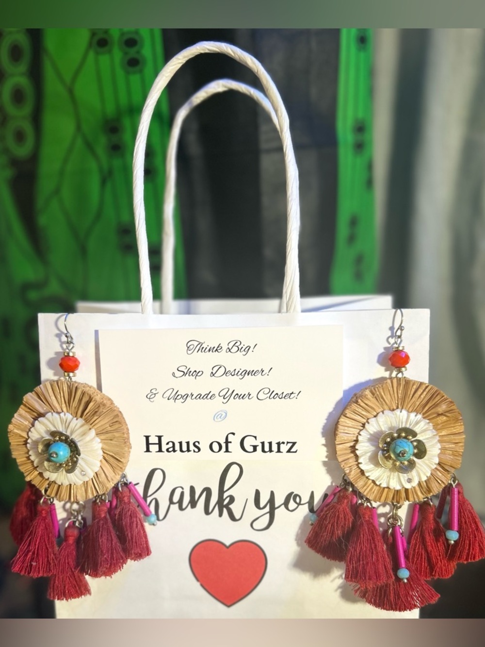 Tommy Bahama Red Tassel Raffia Flower Drop Earrings w JOHNNY WAS GIFT BAG!